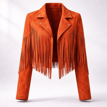 Boho Cropped Suede Fringe Jacket with Lapel Collar for Women - Orange
