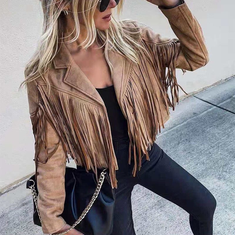 Boho Cropped Suede Fringe Jacket with Lapel Collar for Women - View 5