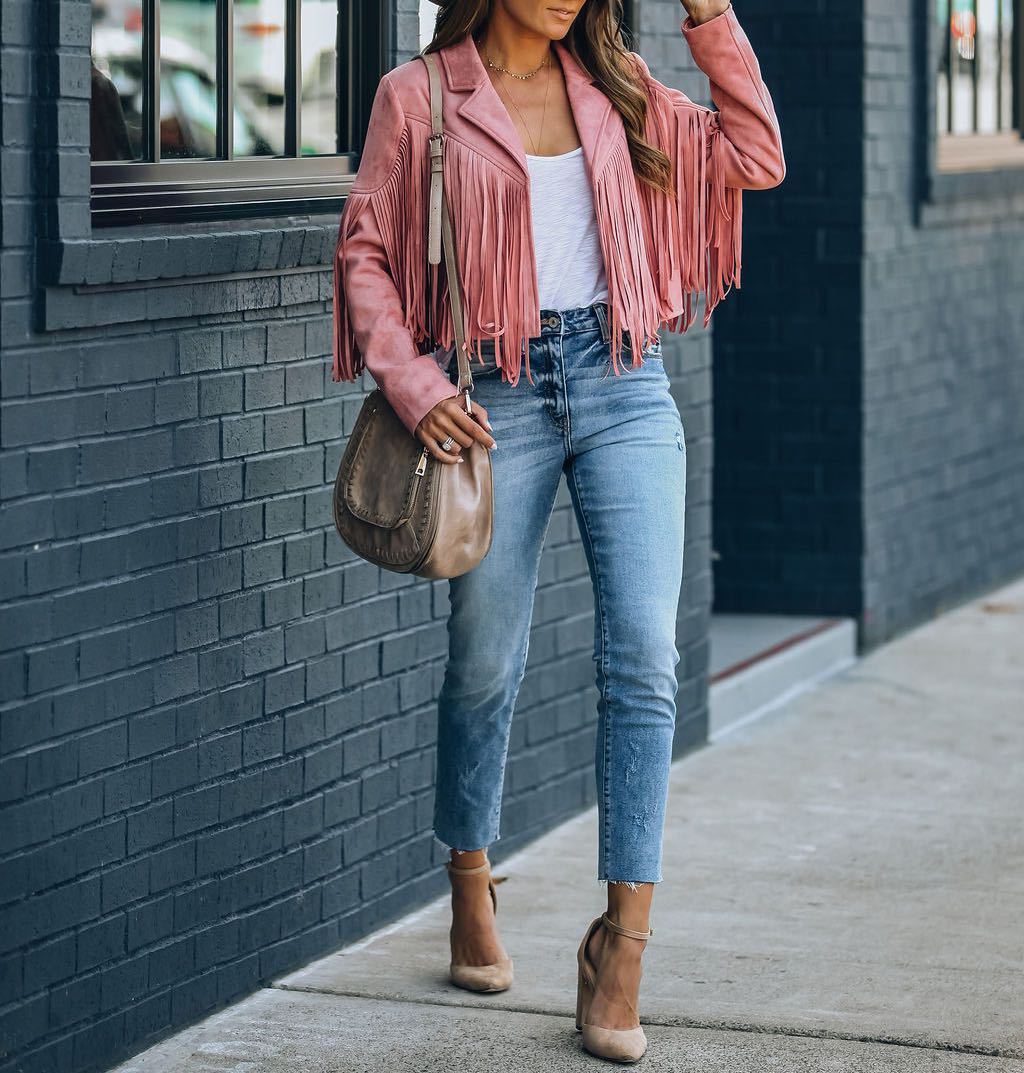 Boho Cropped Suede Fringe Jacket with Lapel Collar for Women - View 6