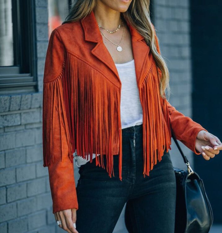 Boho Cropped Suede Fringe Jacket with Lapel Collar for Women - View 7
