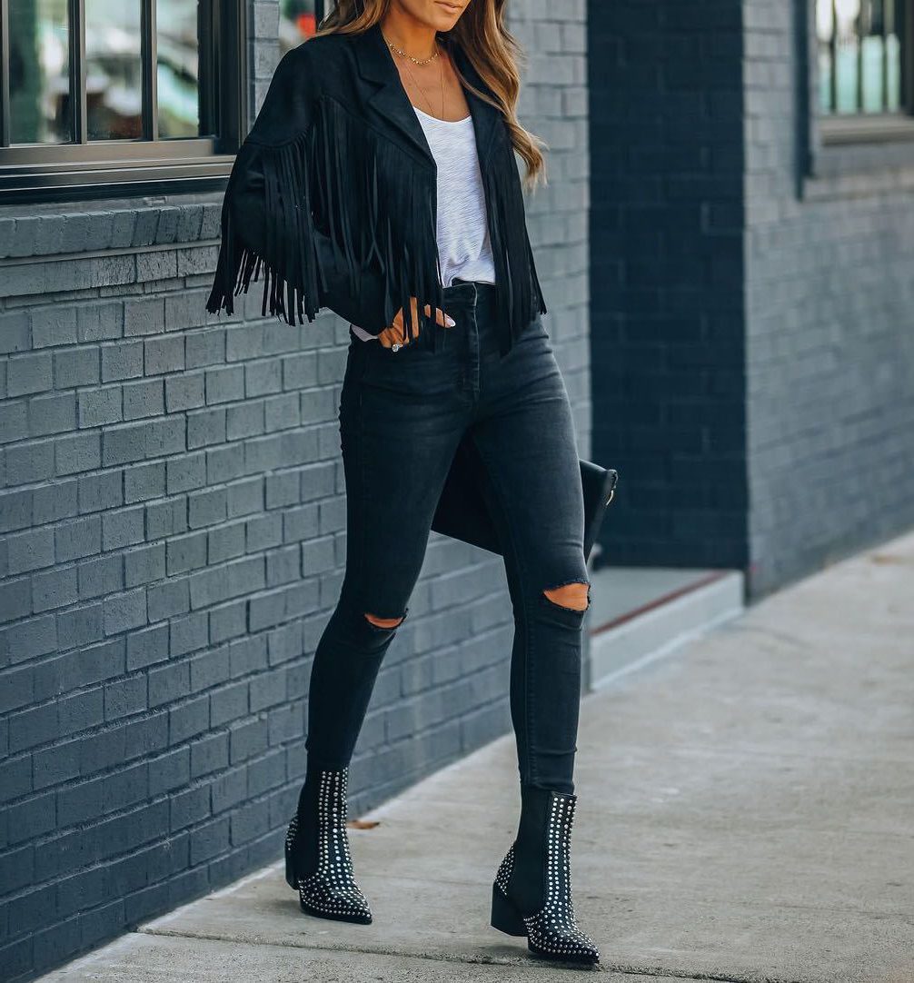 Boho Cropped Suede Fringe Jacket with Lapel Collar for Women - View 8