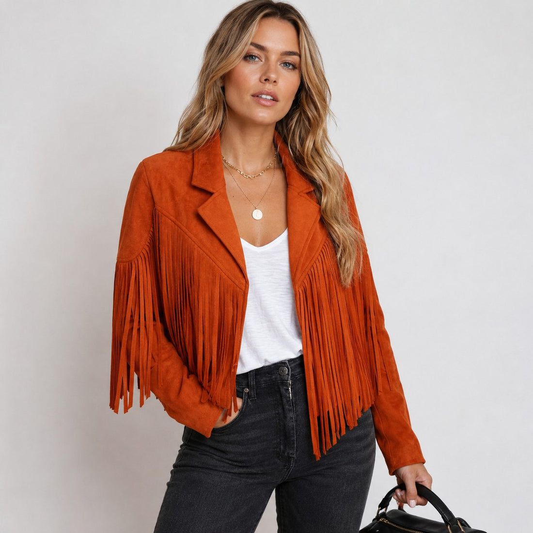Boho Cropped Suede Fringe Jacket with Lapel Collar for Women