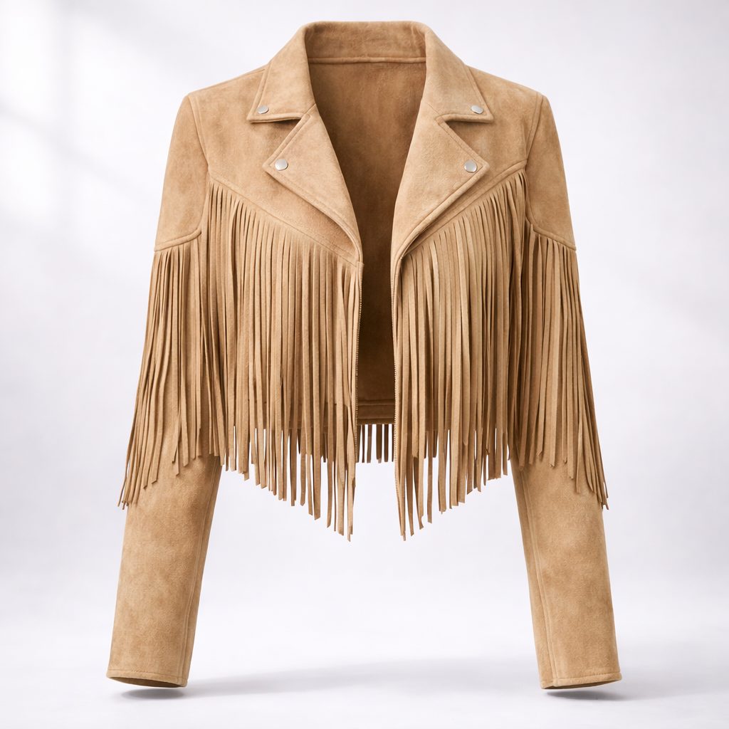 Boho Cropped Suede Fringe Jacket with Lapel Collar for Women - Brown