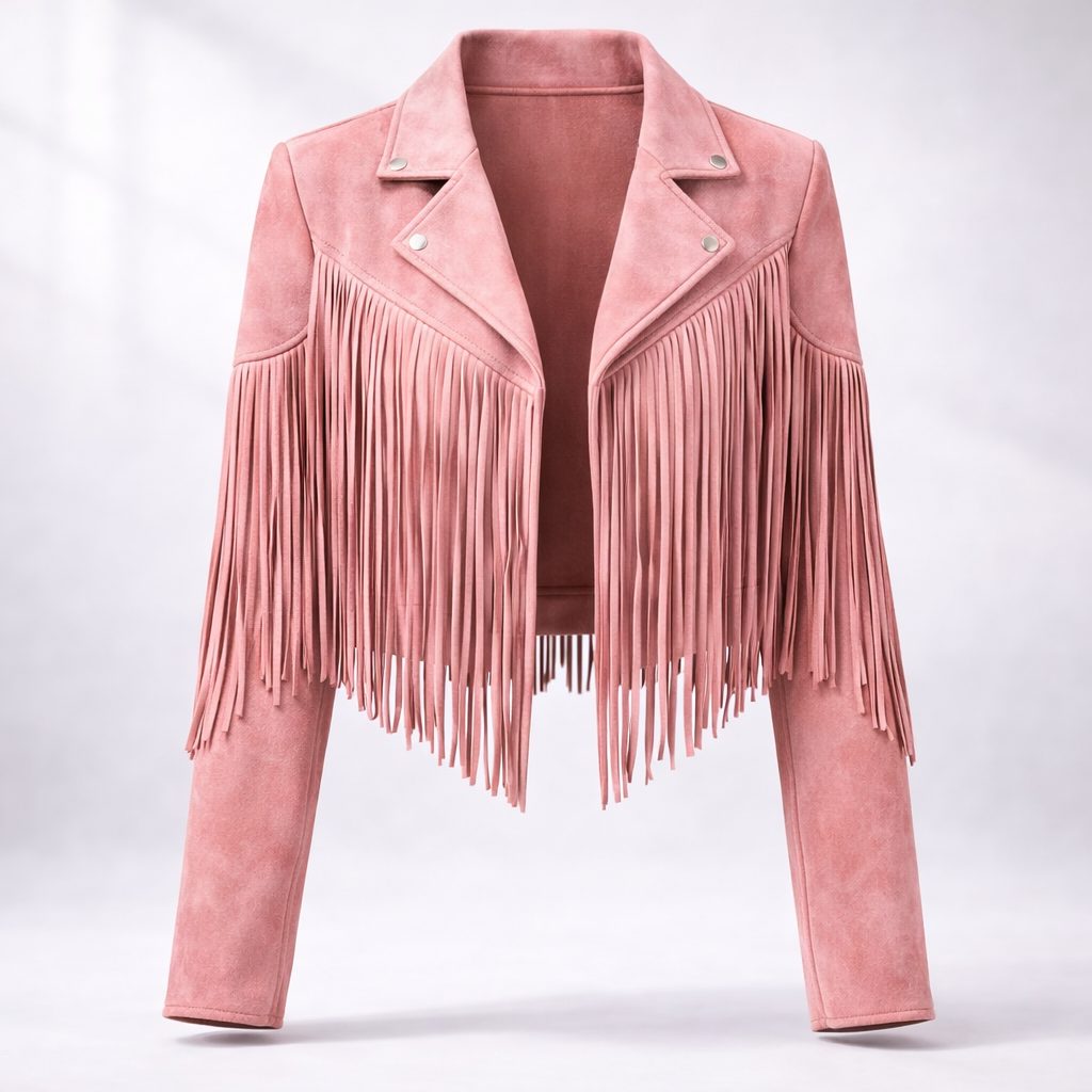 Boho Cropped Suede Fringe Jacket with Lapel Collar for Women - Pink