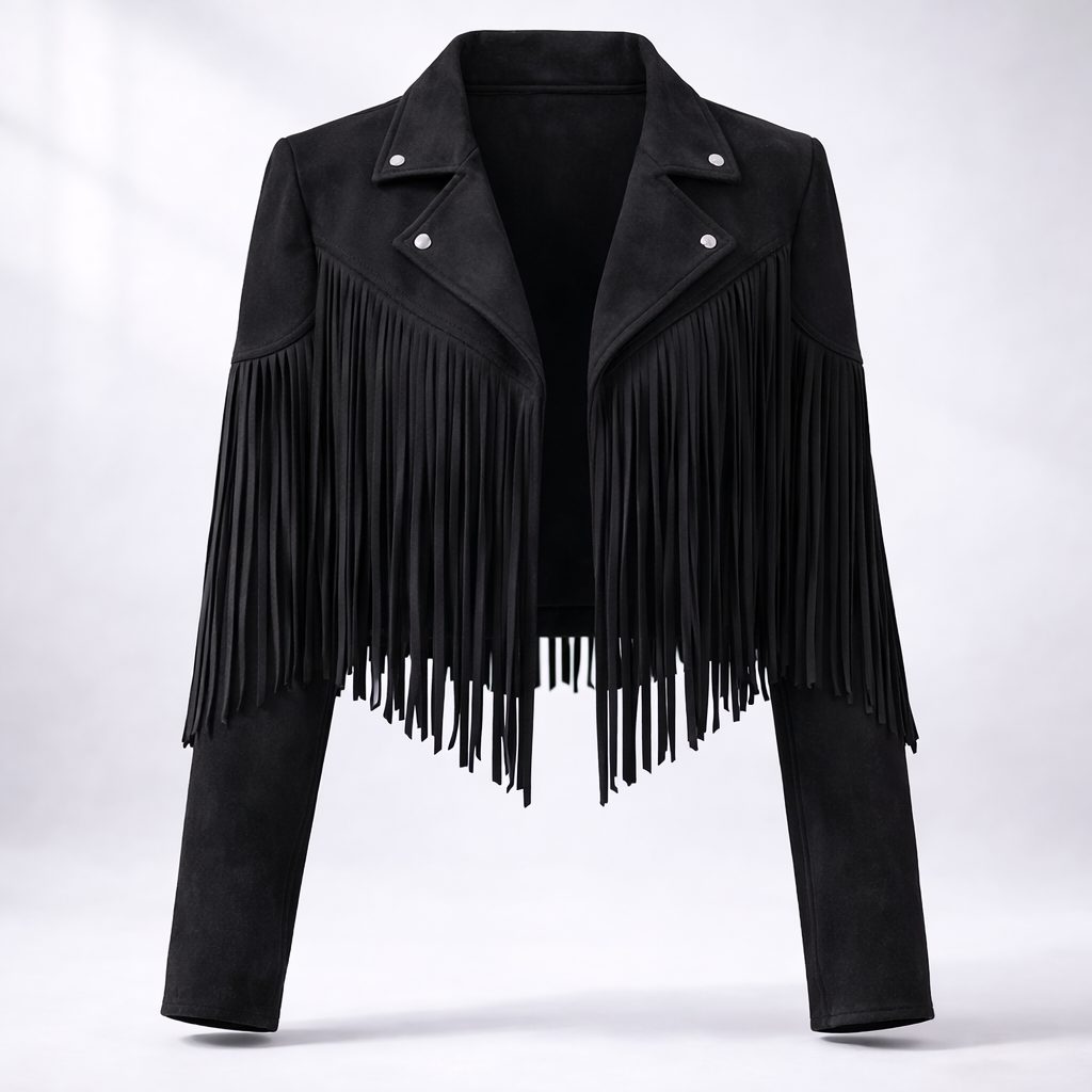 Boho Cropped Suede Fringe Jacket with Lapel Collar for Women - Black