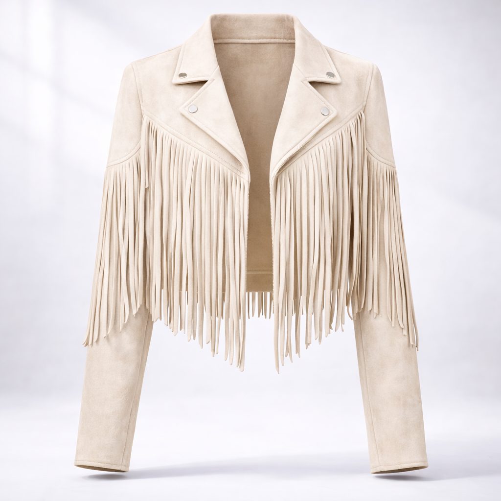 Boho Cropped Suede Fringe Jacket with Lapel Collar for Women - White