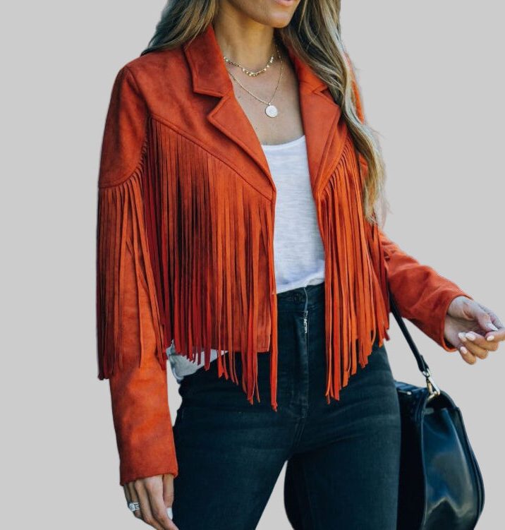 Boho Cropped Suede Fringe Jacket with Lapel Collar for Women