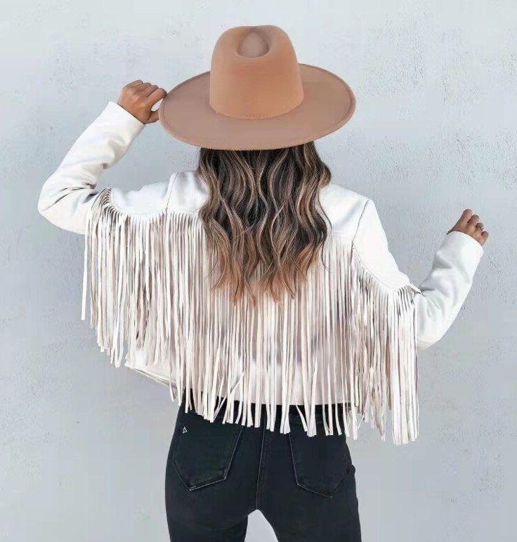 Boho Cropped Suede Fringe Jacket with Lapel Collar for Women - View 4