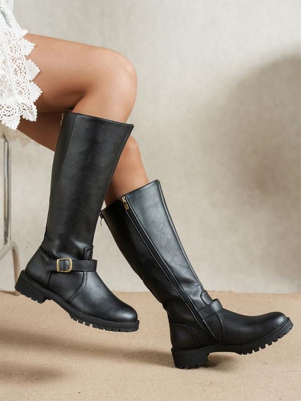 Buckle Detail Knee High Riding Boots for Women