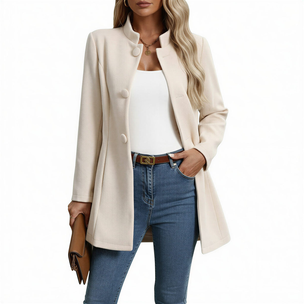 Button-Down A-Line Coat for Women - Cream