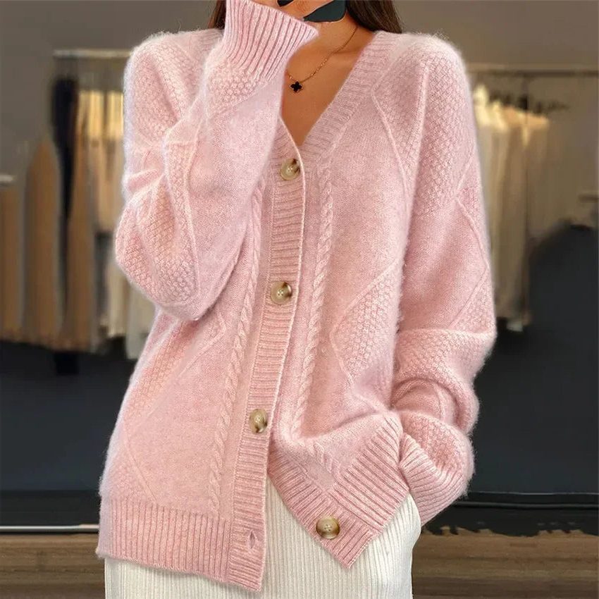 Button-Down Cable Knit Cardigan for Women - Pink