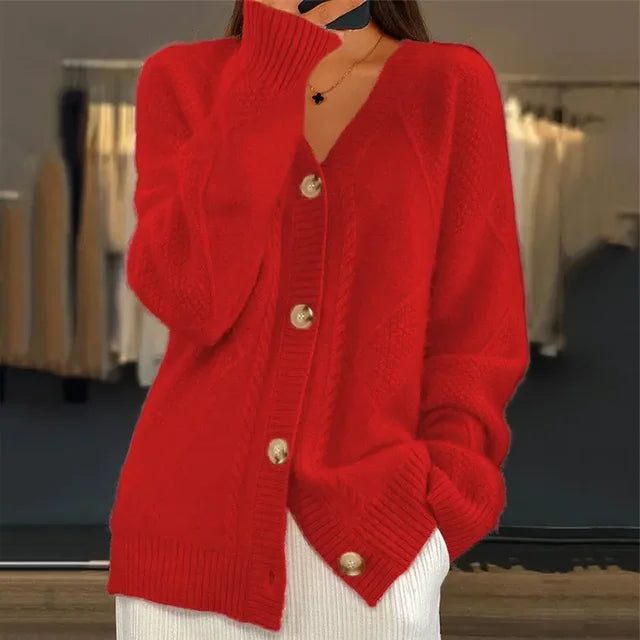 Button-Down Cable Knit Cardigan for Women - Red