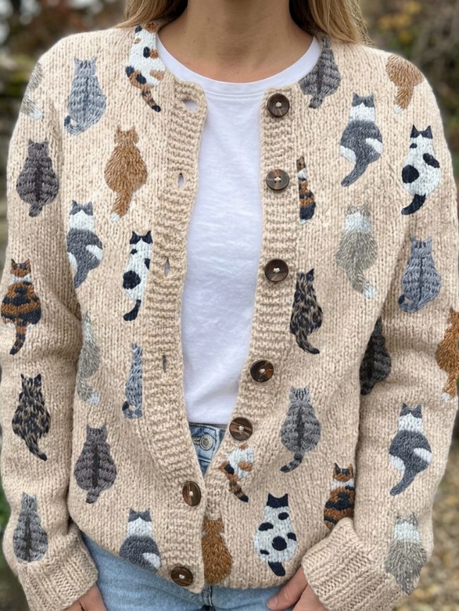 Button-Down Cat Pattern Cardigan for Women