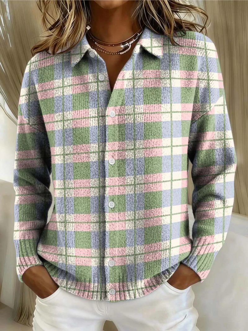 Button-Down Checked Knit Blouse for Women