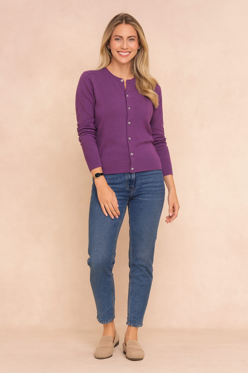 Button-Down Crew Neck Cardigan for Women - Purple