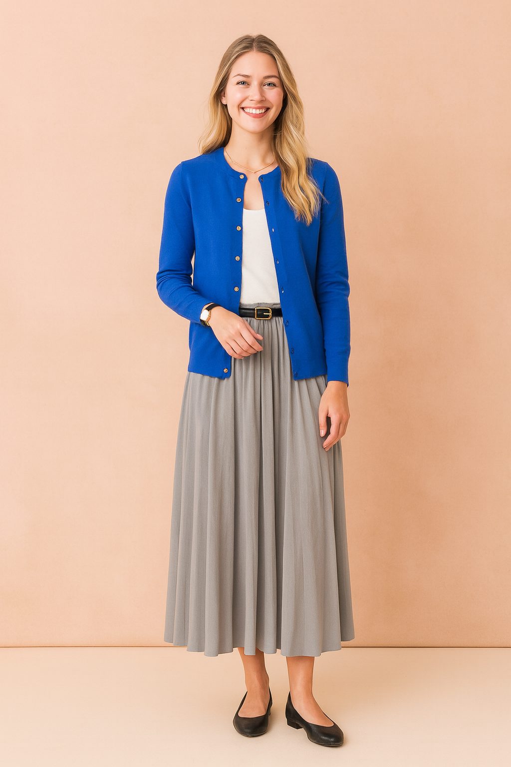 Button-Down Crew Neck Cardigan for Women - Blue