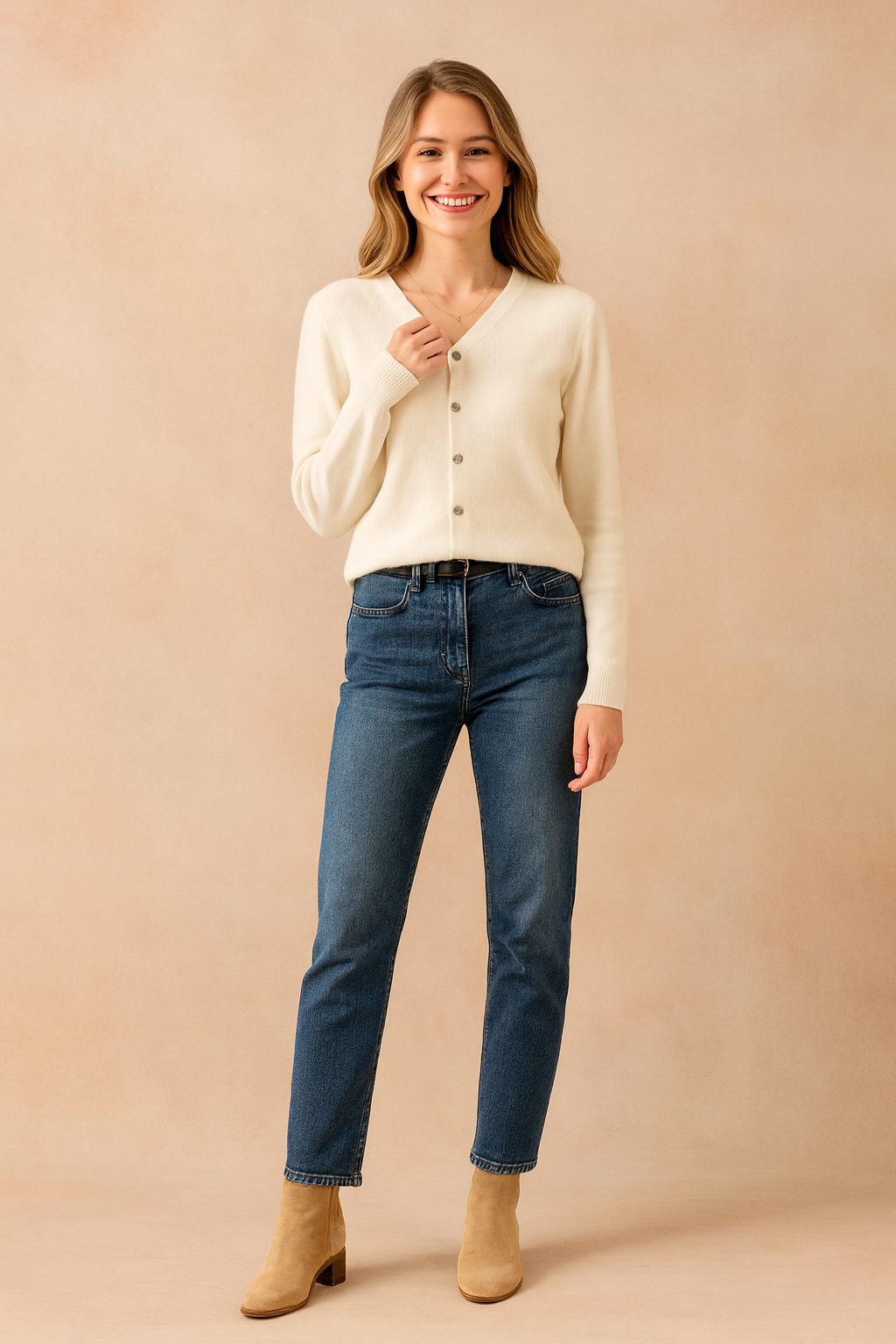 Button-Down Crew Neck Cardigan for Women - White