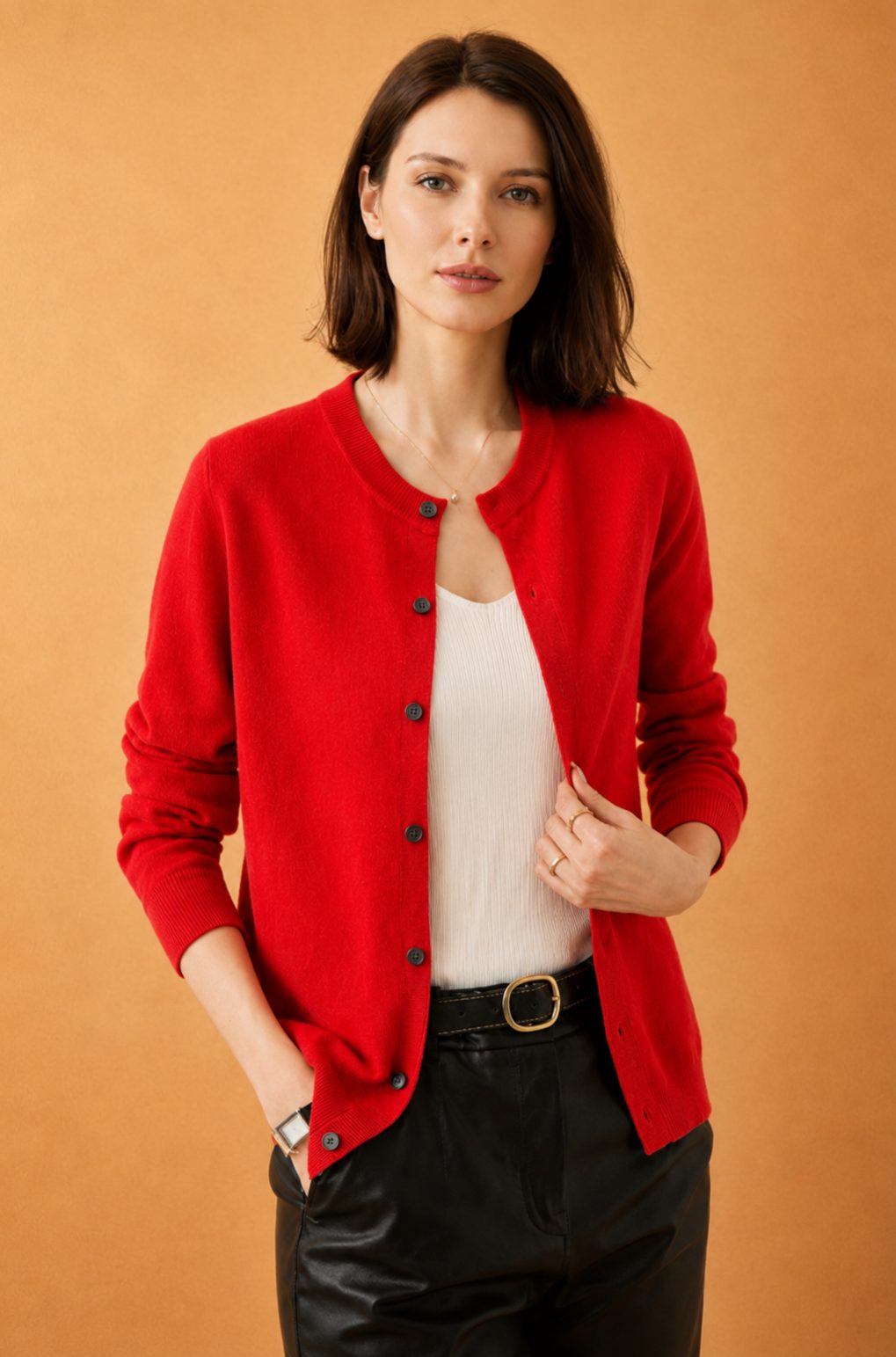 Button-Down Crew Neck Cardigan for Women - Orange
