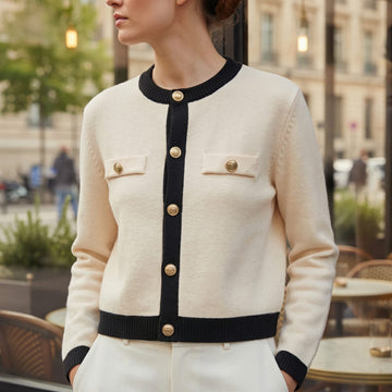 Button-Down Crew Neck Cardigan with Welt Pockets for Women