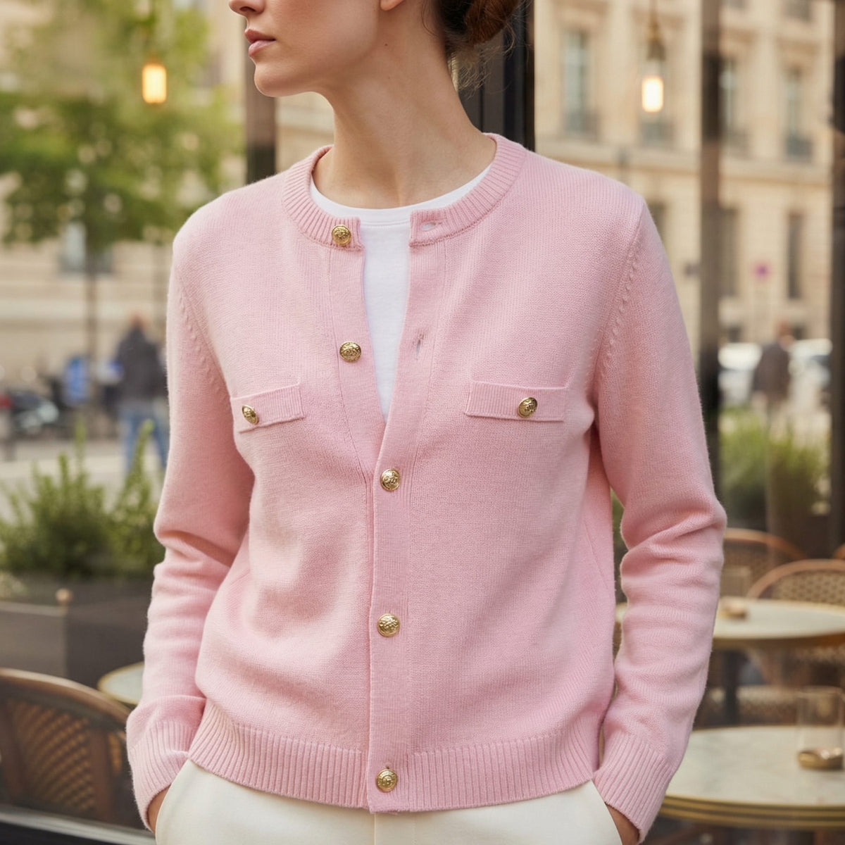 Button-Down Crew Neck Cardigan with Welt Pockets for Women - Pink