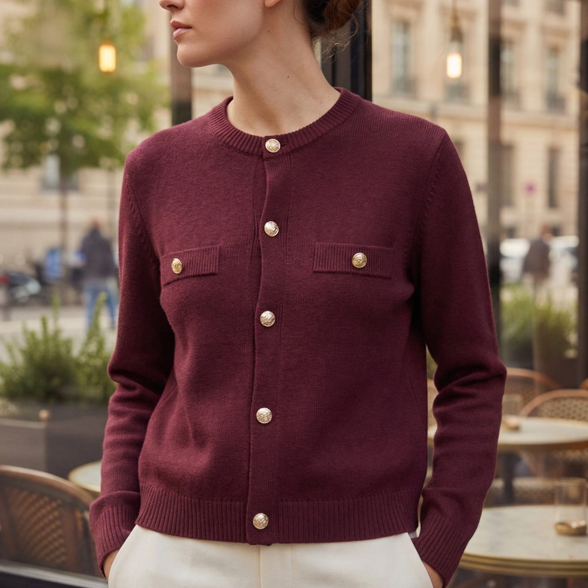 Button-Down Crew Neck Cardigan with Welt Pockets for Women - Red