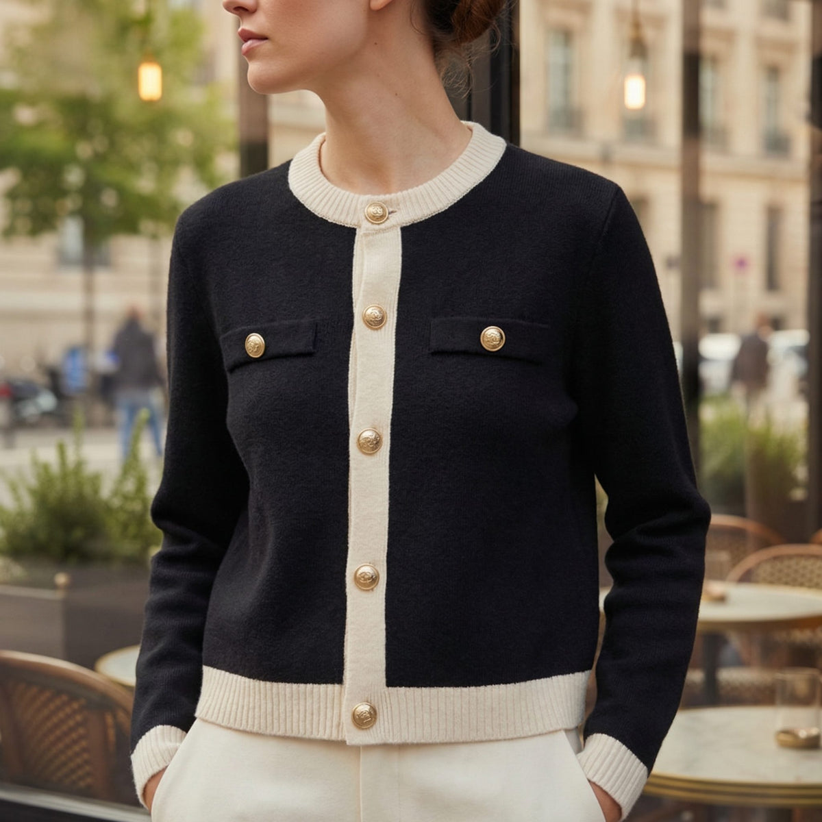 Button-Down Crew Neck Cardigan with Welt Pockets for Women - Black