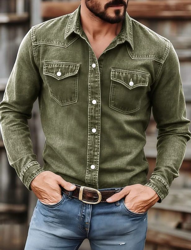 Button-Down Denim Shirt for Men - Green