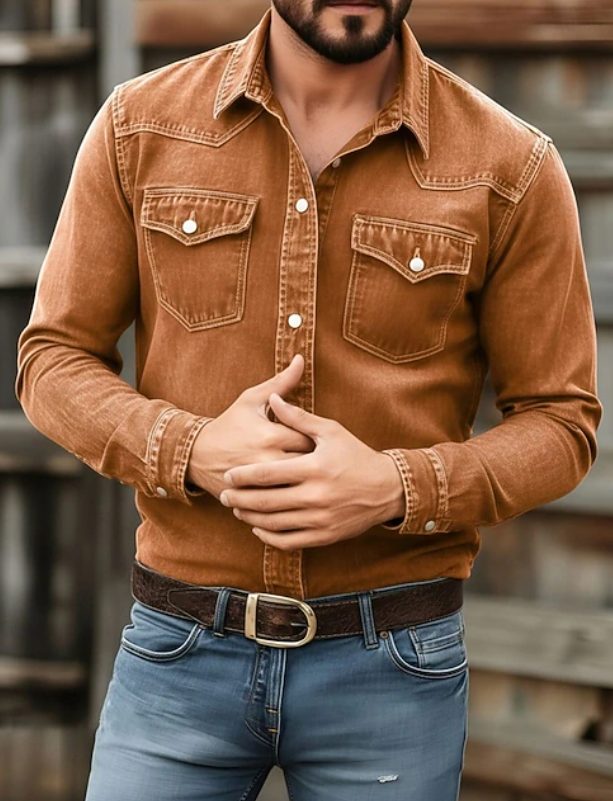 Button-Down Denim Shirt for Men - Brown