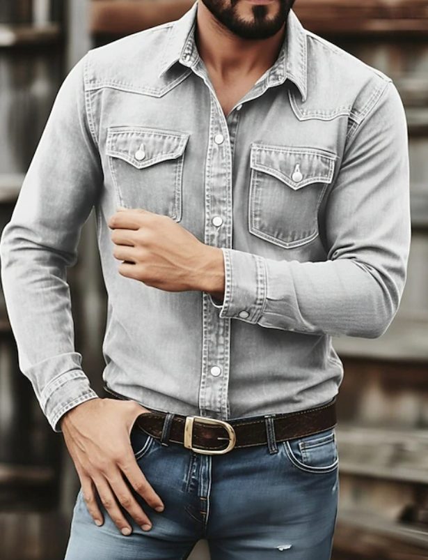Button-Down Denim Shirt for Men - Grey