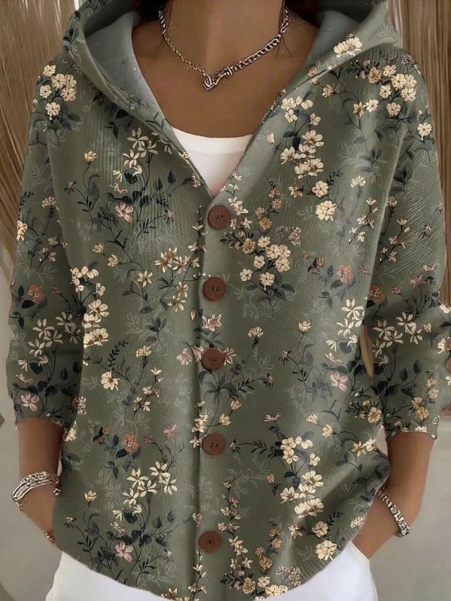 Button-Down Hooded Cardigan with Pockets for Women - Dark Green