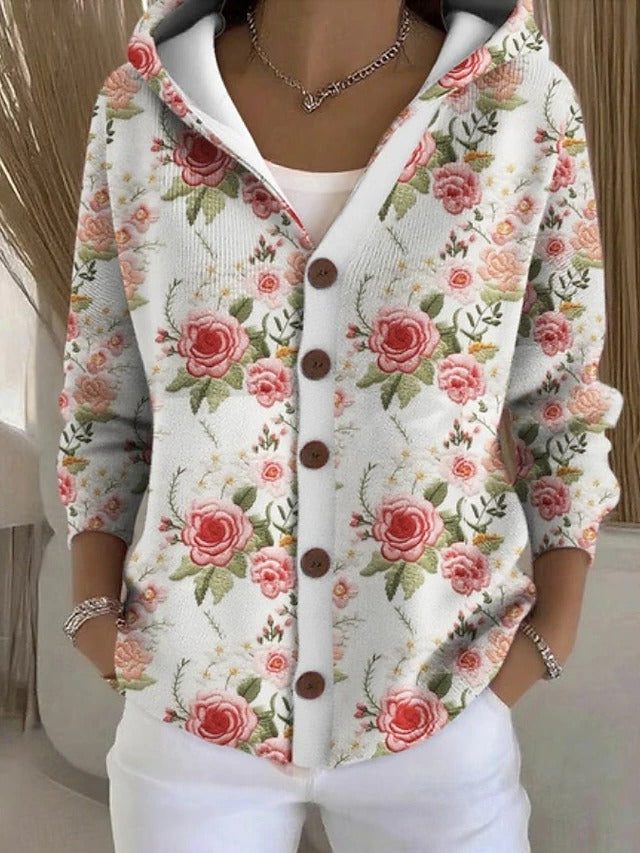 Button-Down Hooded Cardigan with Pockets for Women - Floral White