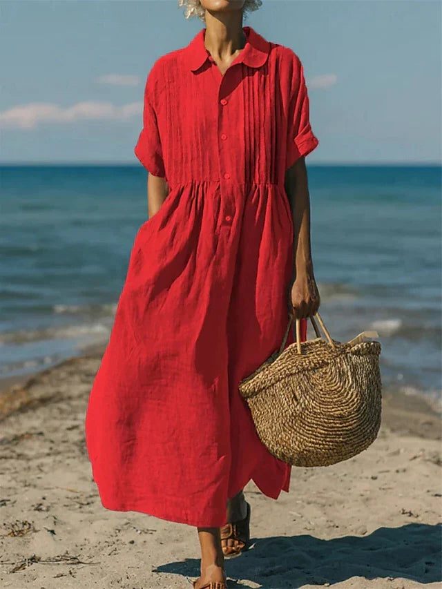 Button-Down Maxi Shirt Dress for Women - Rouge