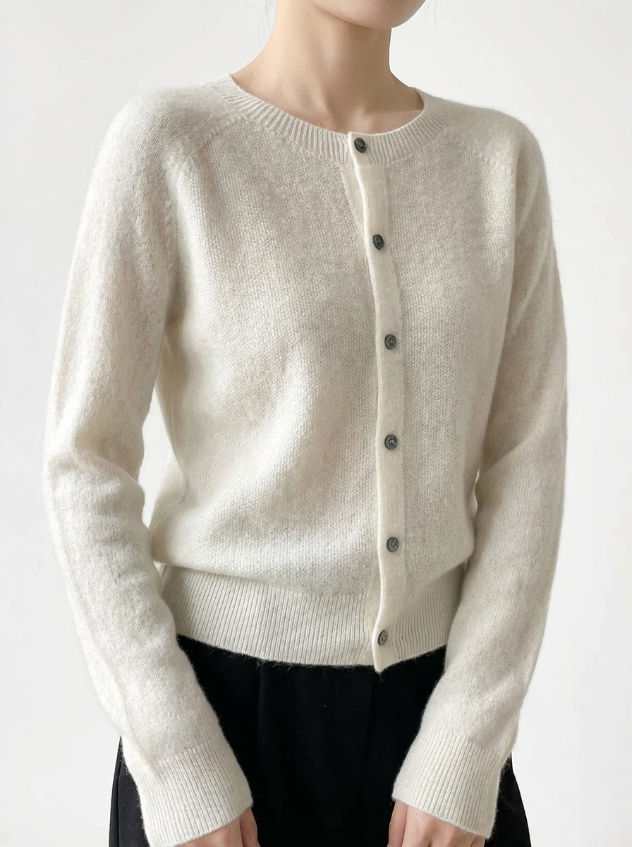 Button-Down Merino Wool Cardigan with Raglan Sleeves for Women - White