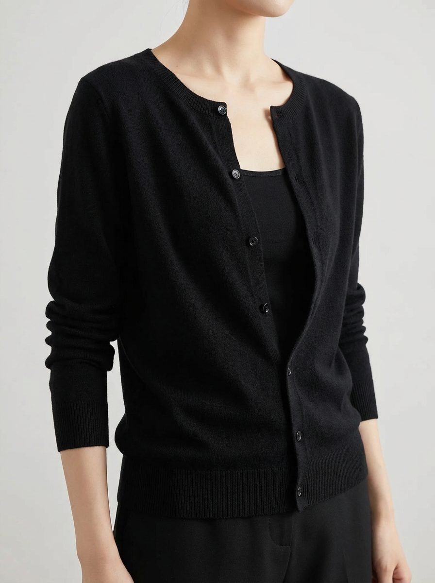 Button-Down Merino Wool Cardigan with Raglan Sleeves for Women - Black