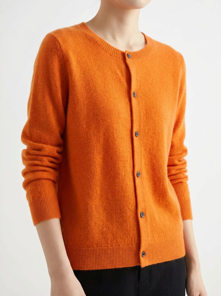 Button-Down Merino Wool Cardigan with Raglan Sleeves for Women - Orange