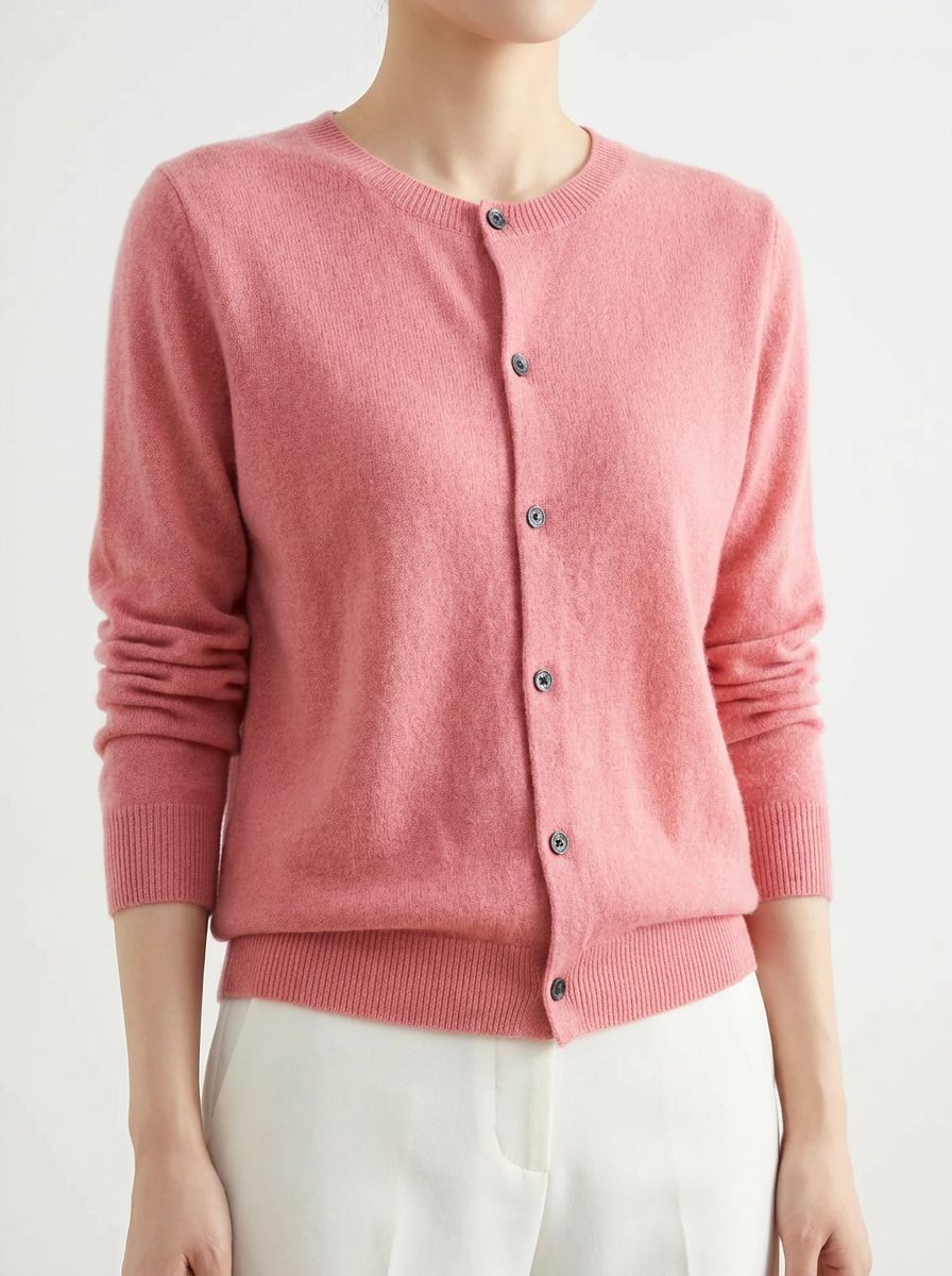 Button-Down Merino Wool Cardigan with Raglan Sleeves for Women - Pink