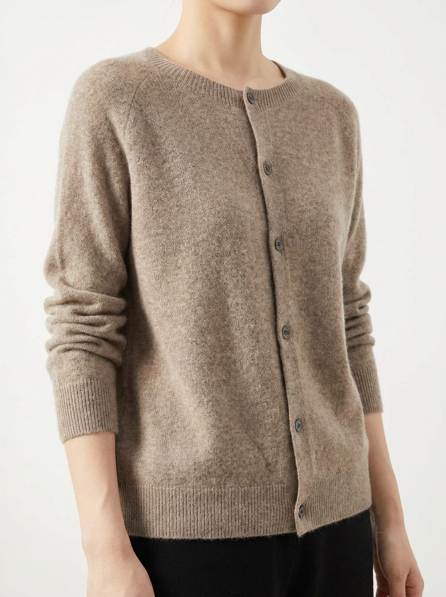 Button-Down Merino Wool Cardigan with Raglan Sleeves for Women - Beige