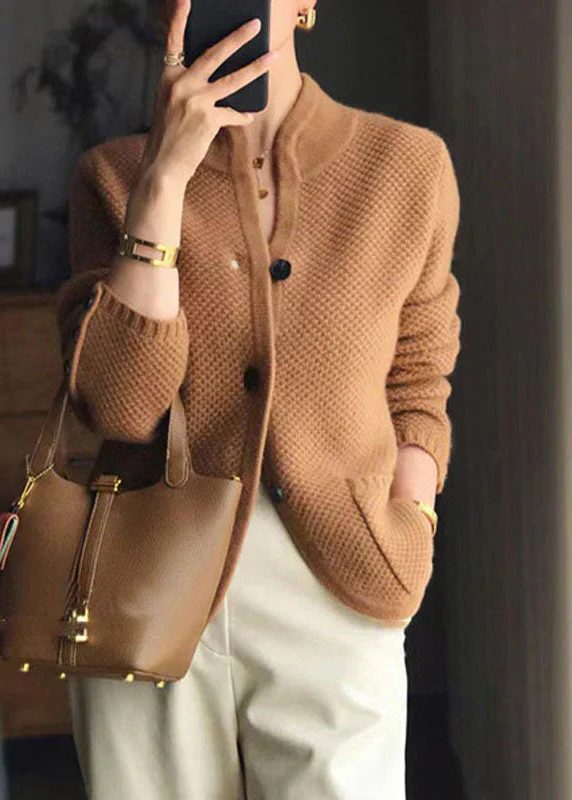 Button-Down Ribbed Knit Cardigan for Women - Camel
