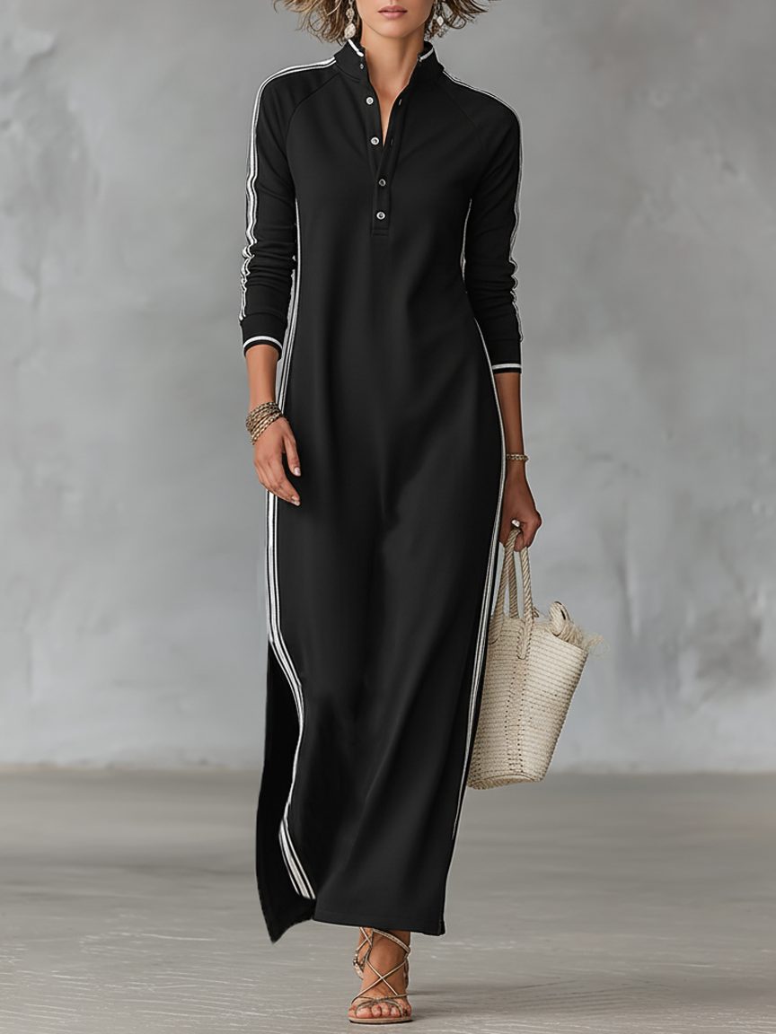 Button-Down Stand Collar Long Sleeve Maxi Sweater Dress for Women