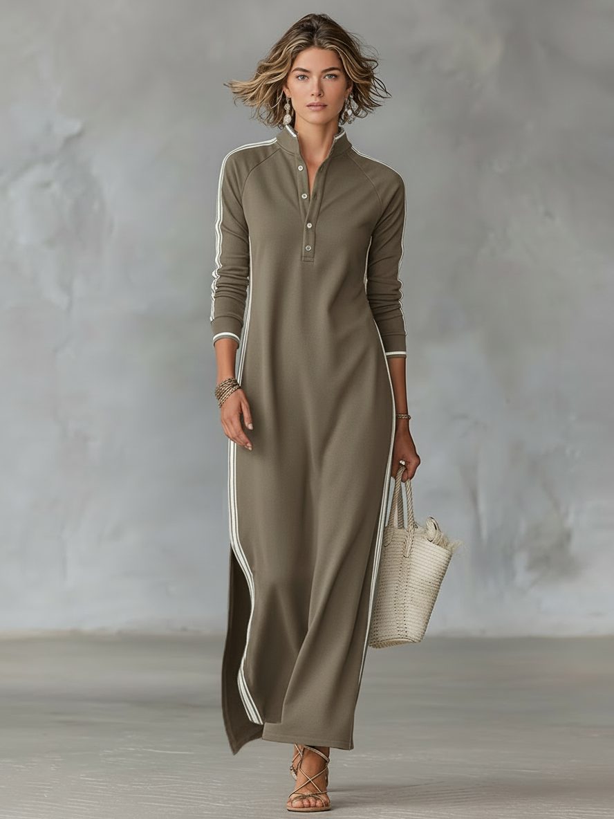 Button-Down Stand Collar Long Sleeve Maxi Sweater Dress for Women - Khaki