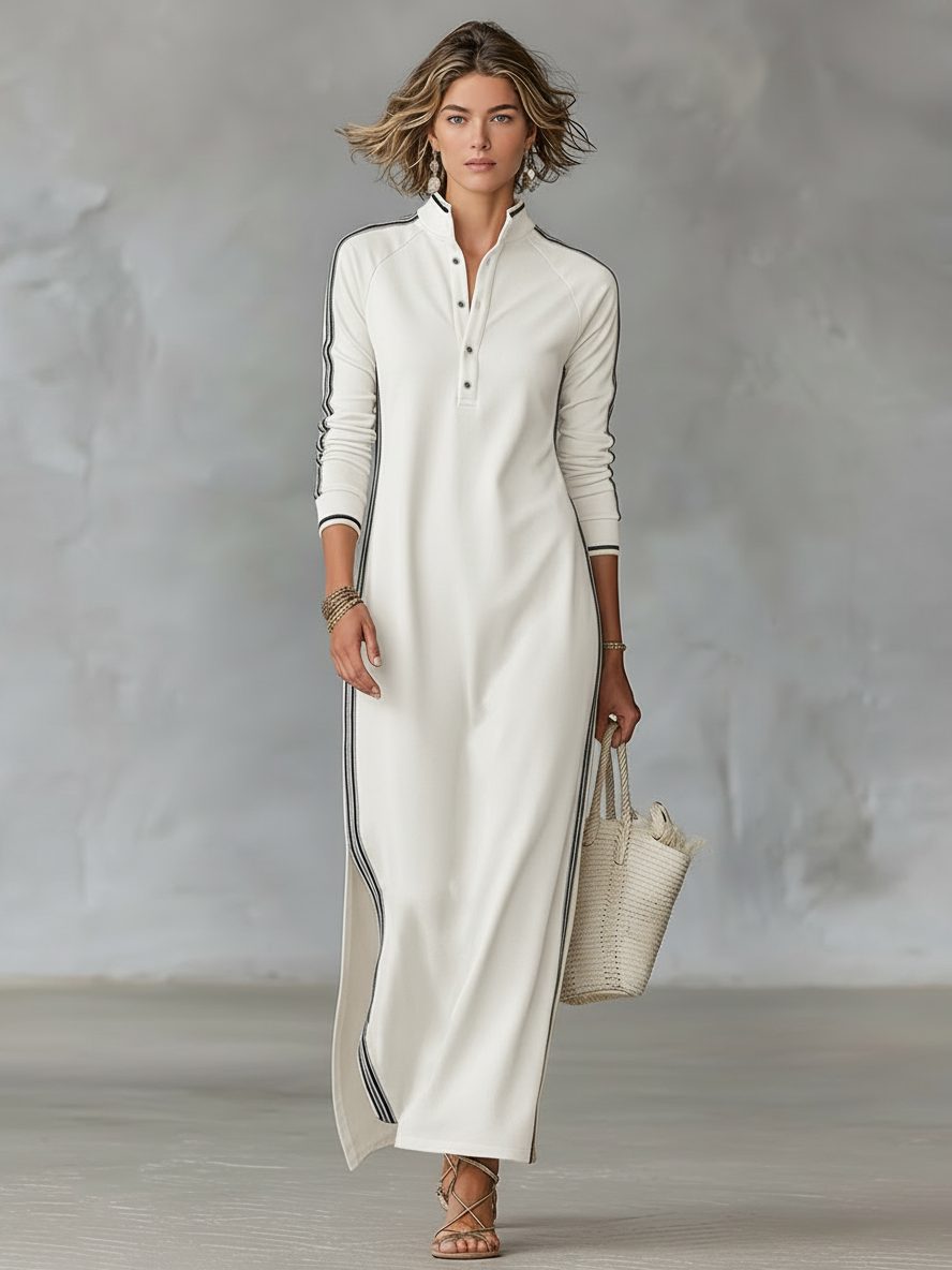 Button-Down Stand Collar Long Sleeve Maxi Sweater Dress for Women - White