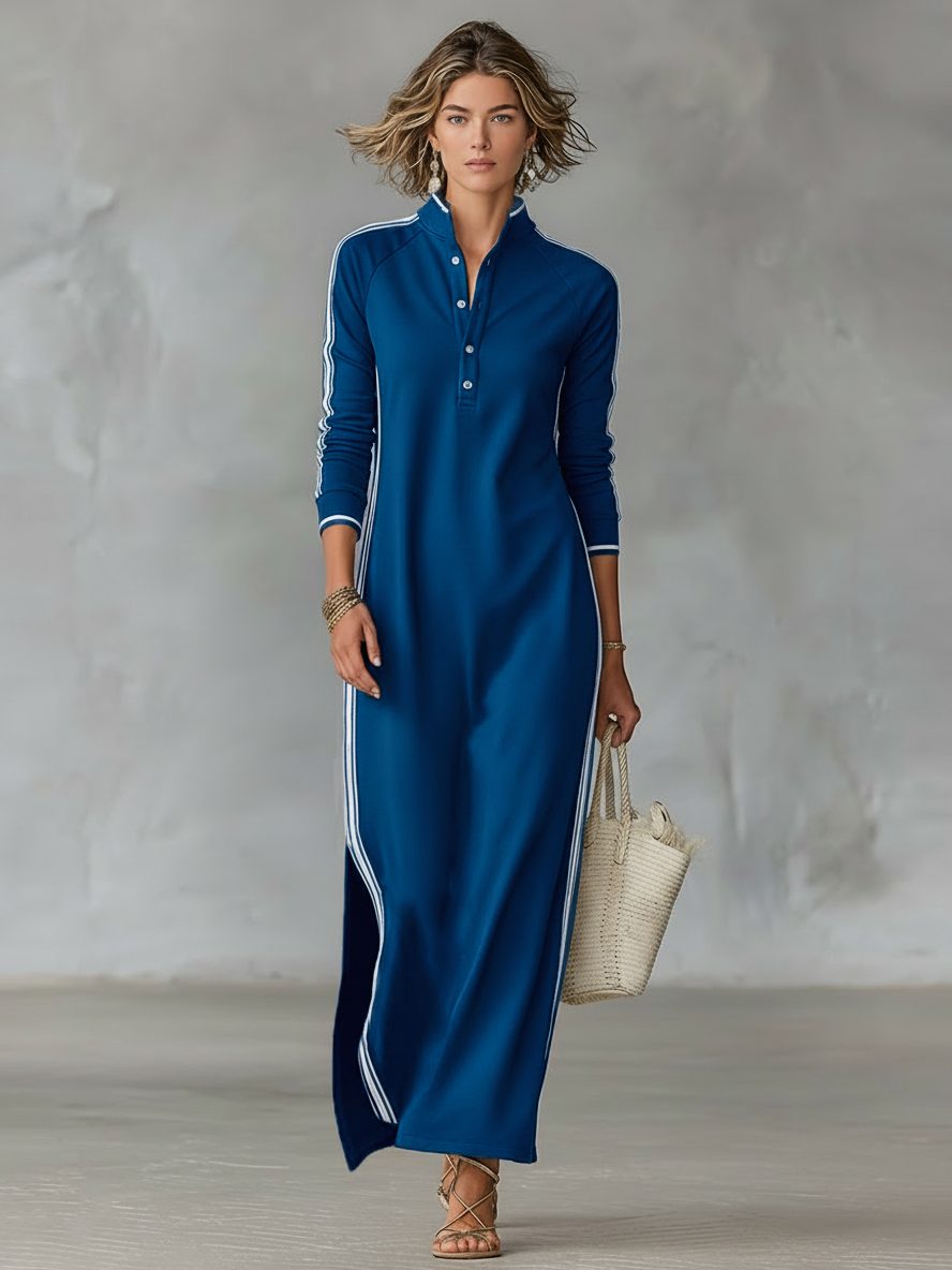 Button-Down Stand Collar Long Sleeve Maxi Sweater Dress for Women - Royal Blue