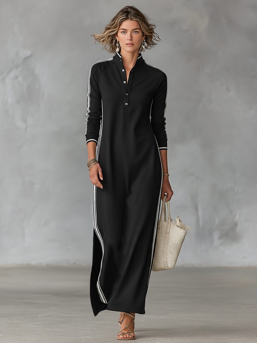 Button-Down Stand Collar Long Sleeve Maxi Sweater Dress for Women - View 8