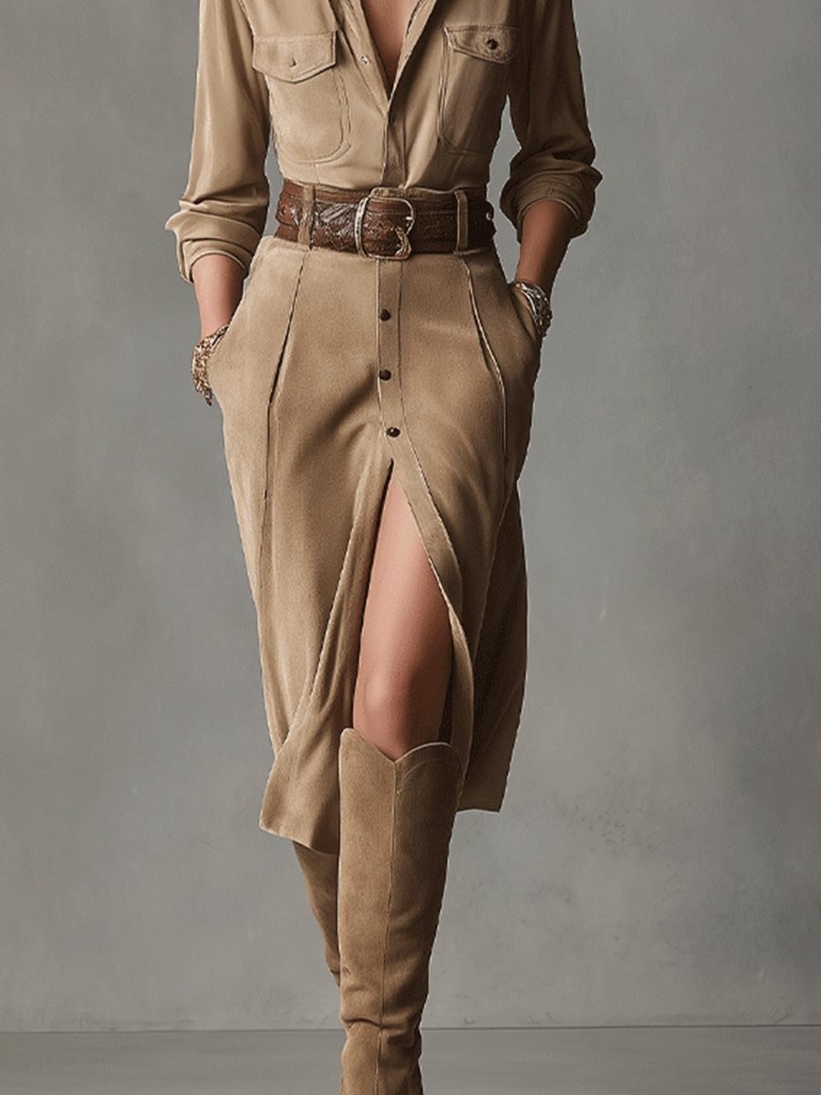 Button-Down Suede Midi Dress for Women - View 3