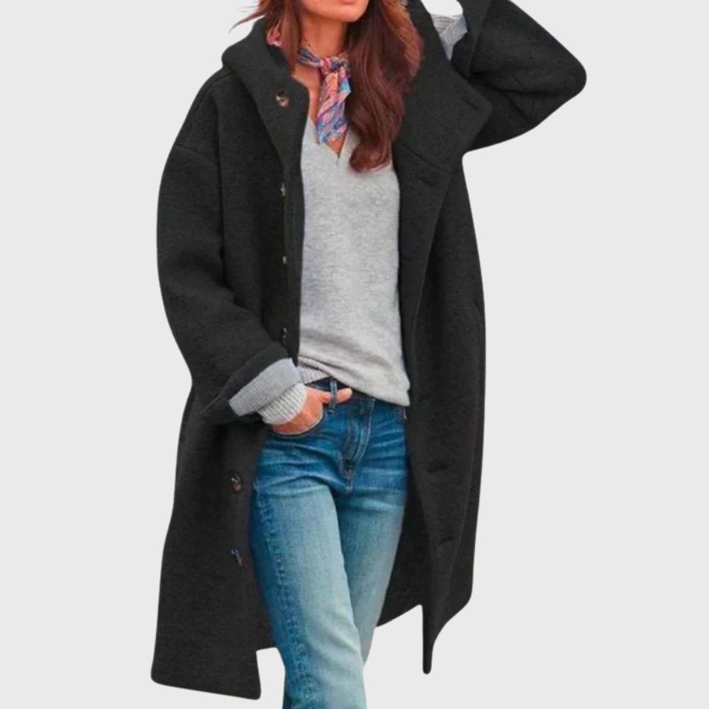 Button-Down Wool Blend Coat for Women - Black