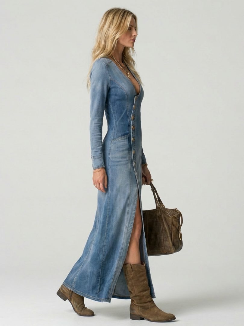 Button-Front Long Sleeve Maxi Dress for Women - View 2