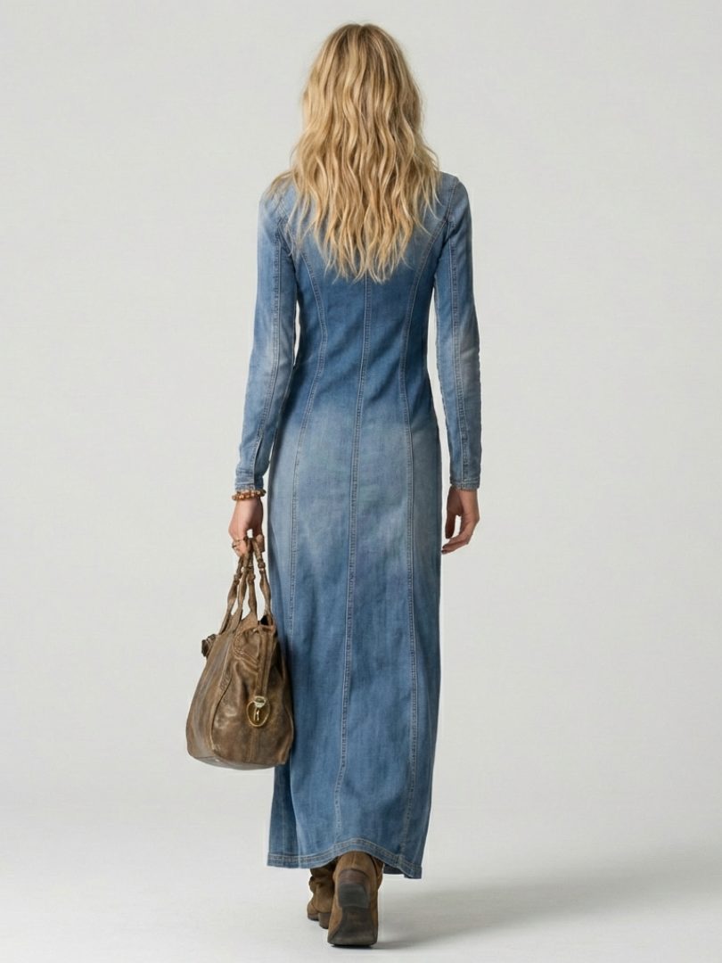 Button-Front Long Sleeve Maxi Dress for Women - View 3