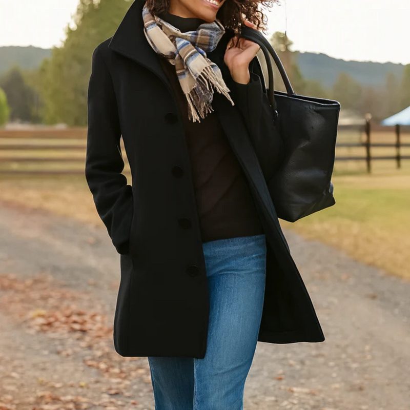 Button-Front Longline Wool Coat for Women - Black