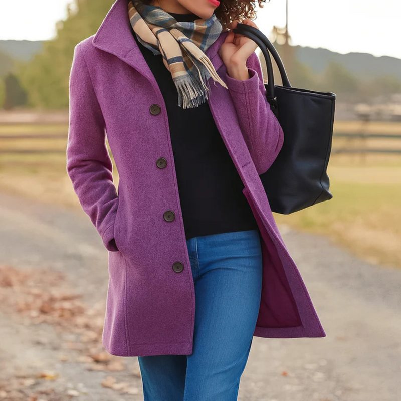Button-Front Longline Wool Coat for Women - Purple