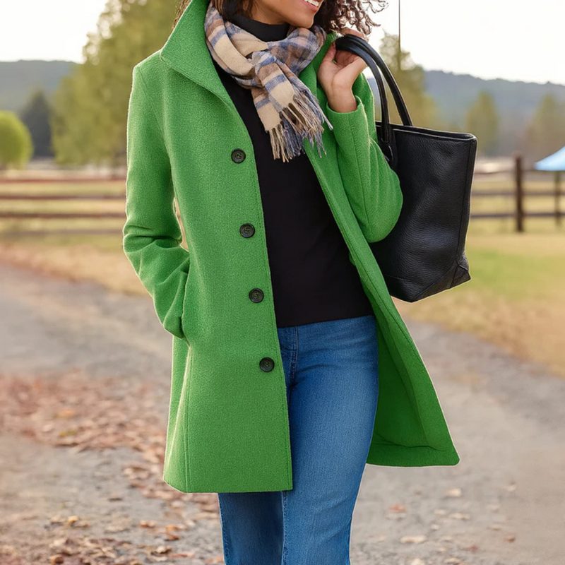 Button-Front Longline Wool Coat for Women - Green
